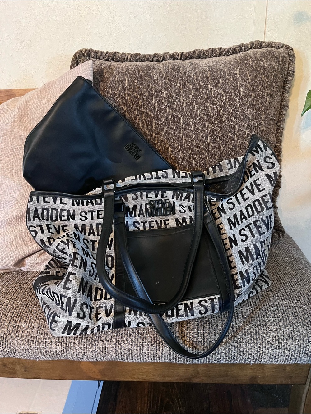 Steve Madden Black and Gray Logo Canvas Tote with Black Trim